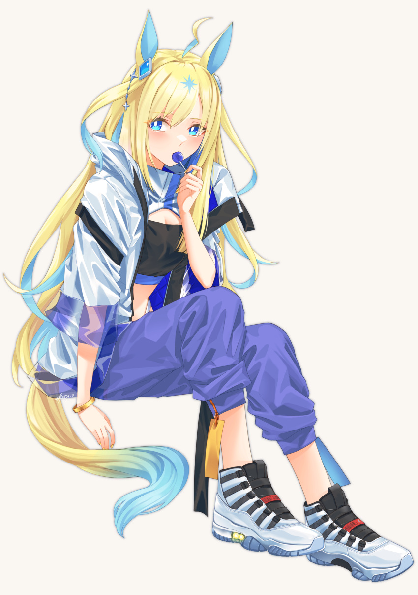 1girl absurdres air_jordan air_jordan_11_adapt animal_ears black_tube_top blue_eyes blue_footwear blue_hair blue_pants blush breasts bright_pupils candy cleavage colored_inner_hair cowlick food grey_background highres holding holding_candy holding_food holding_lollipop horse_ears horse_girl horse_tail jacket lollipop long_hair looking_to_the_side midriff multicolored_hair neo_universe_(umamusume) pants shoes silenxe sitting sneakers solo strapless streetwear tail tube_top umamusume very_long_hair white_jacket white_pupils