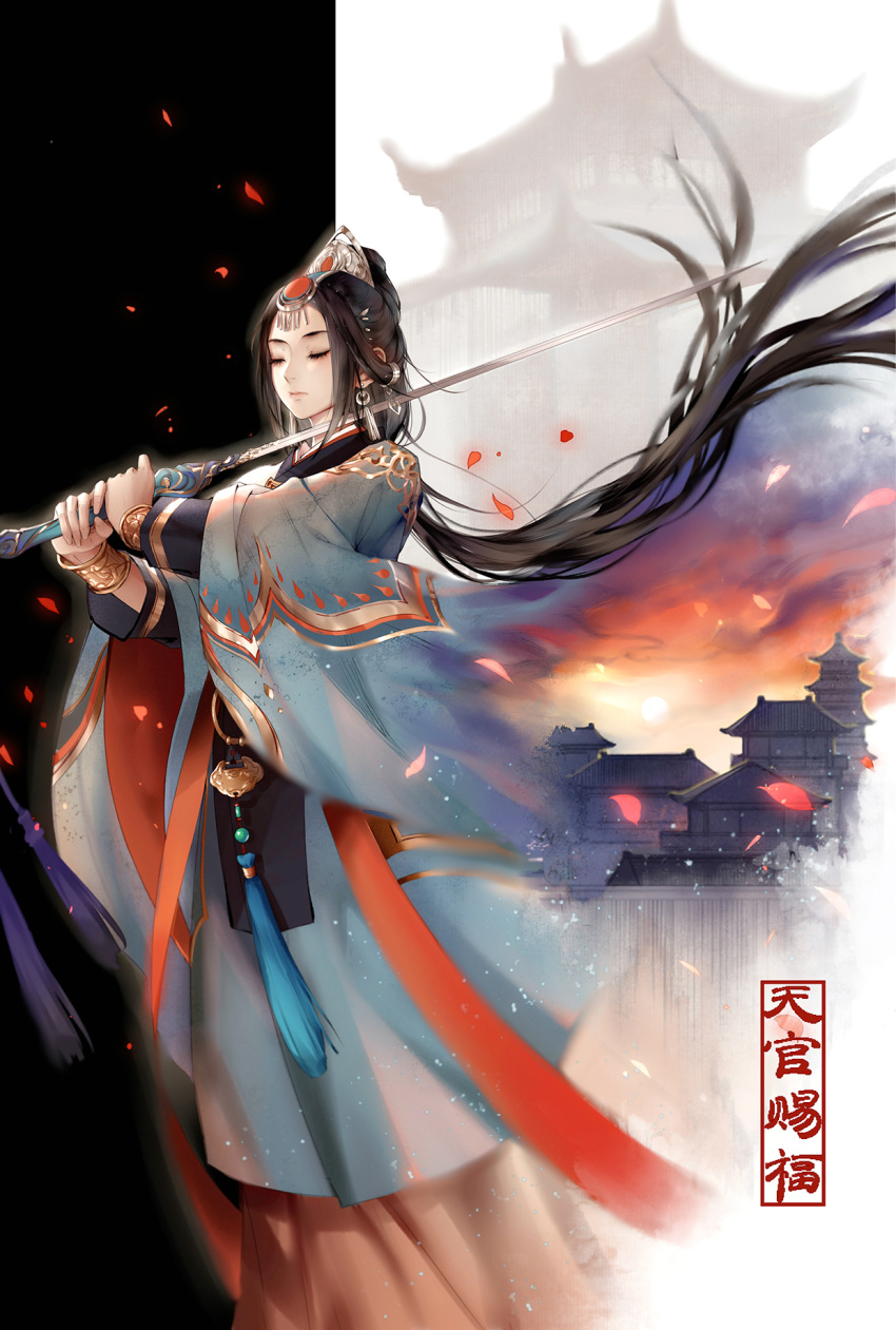1girl architecture bangle black_background black_hair blade_to_throat blue_robe bracelet building chinese_clothes closed_eyes closed_mouth earrings east_asian_architecture expressionless falling_petals feet_out_of_frame floating_hair gold_trim hair_bun hanfu headpiece highres holding holding_sword holding_weapon imminent_suicide jewelry jian_(weapon) layered_sleeves light_particles long_hair long_sleeves low_ponytail parted_bangs petals red_sash robe sash solo split_screen standing suicide sunset sword tassel tianguan_cifu weapon white_background wide_sleeves xi_chu_yang_guan yushi_huang