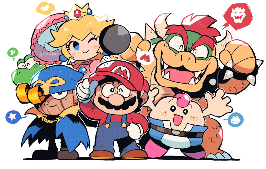 1boy 1girl :d absurdres adjusting_clothes adjusting_headwear blonde_hair blue_cape blue_overalls bowser bracelet cape chibi commentary crown facial_hair fangs frying_pan full_body geno_(mario) gloves hat highres holding holding_frying_pan holding_umbrella horns jewelry long_sleeves looking_at_viewer mallow_(mario) mario mario_(series) mustache one_eye_closed overalls princess_peach rariatto_(ganguri) red_hair simple_background smile spiked_bracelet spikes spoken_symbol standing super_mario_rpg symbol-only_commentary umbrella white_background white_gloves yoshi