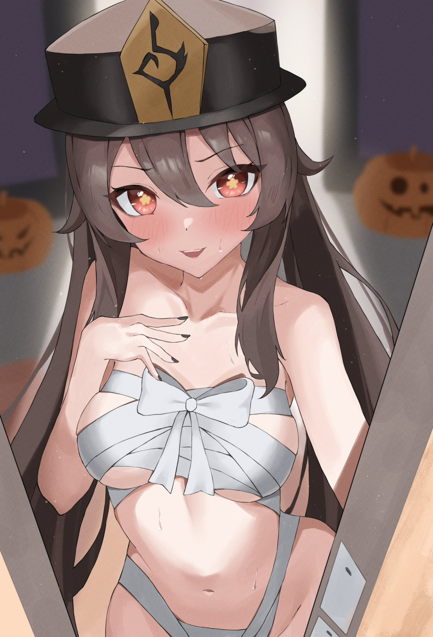 1girl bandages black_nails blush breasts genshin_impact halloween hand_on_own_chest hat higashiwun_izumi highres hu_tao_(genshin_impact) indoors mummy_costume open_door porkpie_hat pumpkin red_hair small_breasts smile star-shaped_pupils star_(symbol) sweat symbol-shaped_pupils twintails