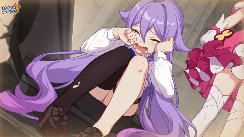 2girls black_skirt brown_footwear chinese_clothes chinese_commentary clenched_hand closed_eyes crying furrowed_brow gloves hair_between_eyes hand_on_own_face highres honkai_(series) honkai_impact_3rd leggings logo multiple_girls official_alternate_costume official_art official_wallpaper on_floor open_mouth purple_hair sirin sitting skirt solo_focus standing theresa_apocalypse theresa_apocalypse_(sakura_rondo) thighhighs torn_clothes white_gloves white_sleeves white_thighhighs