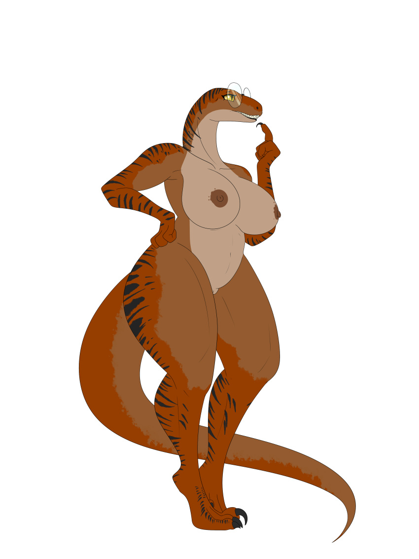 absurd_res anthro big_breasts big_glasses bludraconoid breasts dinosaur dromaeosaurid eyewear eyewear_only female genitals glasses glasses_only hand_on_leg hand_on_thigh hi_res jurassic_park nipples non-mammal_breasts nude philosoraptor pussy reptile scalie solo striped_body stripes the_big_one theropod thick_thighs thinking_pose universal_studios velociraptor