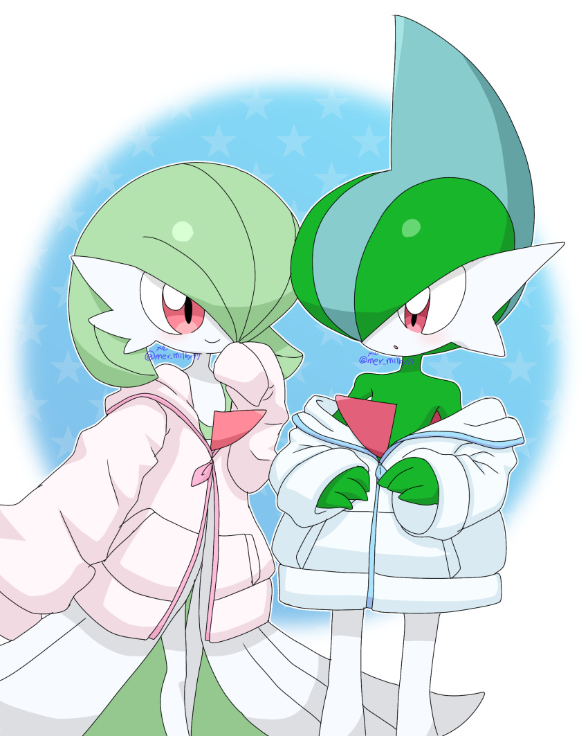 1boy 1girl absurdres arm_at_side artist_name blue_background blue_hair blue_jacket blush bob_cut closed_mouth clothed_pokemon colored_skin commentary_request eye_contact flat_chest gallade gardevoir green_hair green_skin hair_over_one_eye hand_to_own_mouth hand_up happy highres jacket looking_at_another meru_(mer_milky77) mohawk multicolored_hair multicolored_skin off_shoulder one_eye_covered open_mouth outline oversized_clothes own_hands_together partial_commentary pink_jacket pocket pokemon pokemon_(creature) red_eyes short_hair signature sleeves_past_fingers sleeves_past_wrists smile standing star_(symbol) starry_background twitter_username two-tone_hair two-tone_skin white_outline white_skin zipper_pull_tab