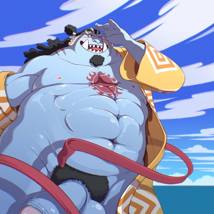 abs anthro asian_clothing balle balls blue_body blush chuchugelee clothing east_asian_clothing erection eyebrows facial_hair fish-men_(one_piece) flaccid genitals hi_res japanese_clothing jinbe kimono male marine musclegut one_piece pecs penis pubes solo tattoo thick_eyebrows tusks