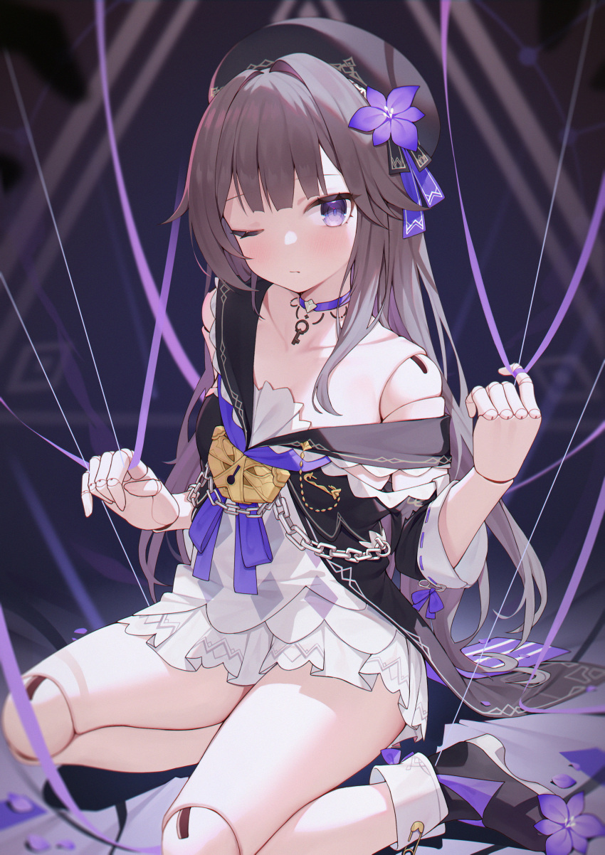 1girl absurdres beret black_footwear black_headwear blush brown_hair choker closed_mouth commentary_request doll doll_joints flower hair_flower hair_ornament hand_up hat herta_(honkai:_star_rail) highres honkai:_star_rail honkai_(series) jewelry joints key_necklace lock long_hair looking_at_viewer neckerchief necklace off_shoulder one_eye_closed puppet purple_choker purple_eyes purple_flower purple_neckerchief shoes sitting solo thighs toki_(1243309499) yokozuwari