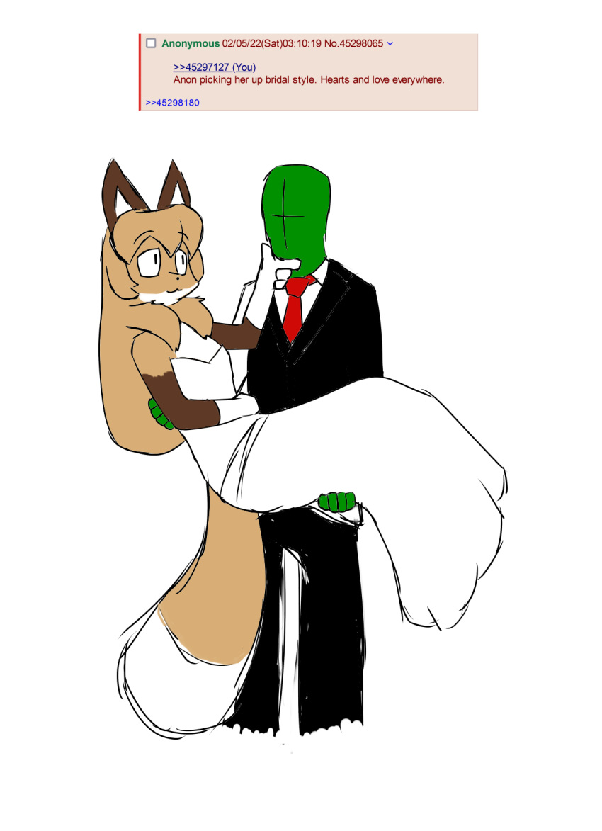 4chan anon anonymous_artist anthro averi_(fiddleafox) bridal_carry brown_body brown_fur canid canine carrying clothing dress duo female fox fur green_body green_eyes green_skin hand_under_chin hi_res human male male/female mammal requesting simple_background suit wedding wedding_dress