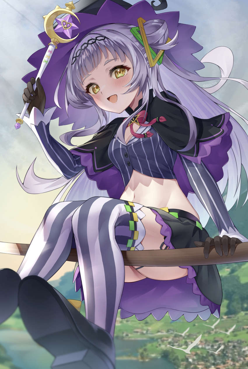 1girl absurdres bird black_capelet black_skirt blush breasts broom broom_riding capelet cropped_shirt flying frilled_skirt frills hair_bun hat highres holding holding_wand hololive long_hair looking_at_viewer murasaki_shion navel open_mouth pinstripe_pattern pinstripe_shirt pleated_skirt purple_hair purple_thighhighs rykysd shirt single_side_bun sitting skirt small_breasts smile solo striped striped_shirt striped_thighhighs thighhighs thighs tilted_headwear vertical-striped_shirt vertical-striped_thighhighs vertical_stripes virtual_youtuber wand witch witch_hat yellow_eyes
