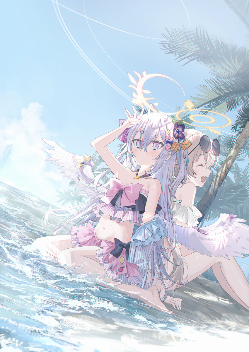 2girls :d ^_^ absurdres arm_up azusa_(blue_archive) azusa_(swimsuit)_(blue_archive) back-to-back bare_arms bare_shoulders barefoot bikini blue_archive blue_sky brown_hair chihuri closed_eyes closed_mouth cloud commentary_request day eyewear_on_head feet_out_of_frame grey_eyes hair_between_eyes halo hifumi_(blue_archive) hifumi_(swimsuit)_(blue_archive) highres knees_up long_hair low_wings multiple_girls navel outdoors pink_bikini purple_eyes ribbon-trimmed_bikini round_eyewear shallow_water sitting sky smile strapless strapless_bikini sunglasses swimsuit very_long_hair wariza water white_bikini white_wings wings