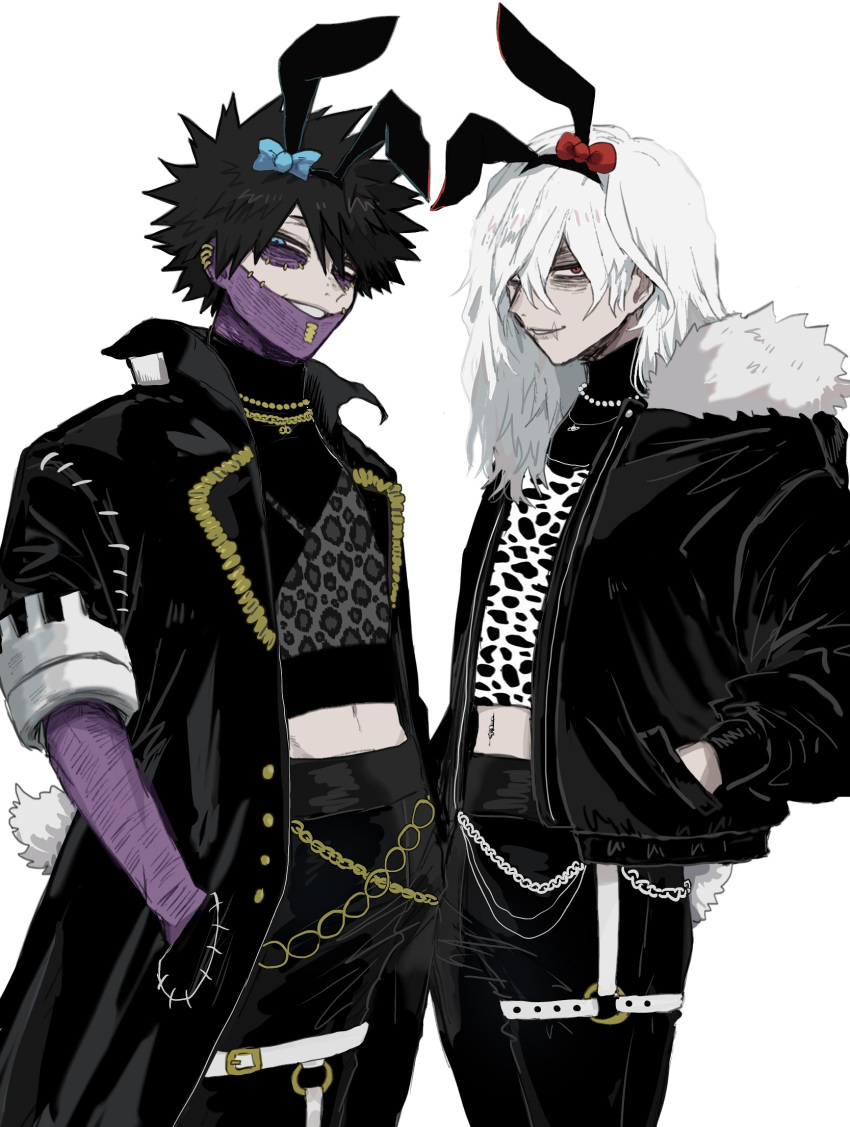 2boys ametaro_(ixxxzu) animal_ears animal_print black_coat black_jacket black_pants blue_bow boku_no_hero_academia bow burn_scar chain cheek_piercing coat dabi_(boku_no_hero_academia) ear_piercing fake_animal_ears fake_tail fur-trimmed_jacket fur_trim hands_in_pockets highres jacket jewelry long_hair male_focus multiple_boys multiple_piercings multiple_scars nose_piercing pants piercing rabbit_ears rabbit_tail red_bow red_eyes scar scar_on_arm scar_on_face scar_on_mouth scar_on_neck shigaraki_tomura short_hair simple_background spiked_hair standing staple stapled stitches tail turtleneck white_background white_hair wrinkled_skin