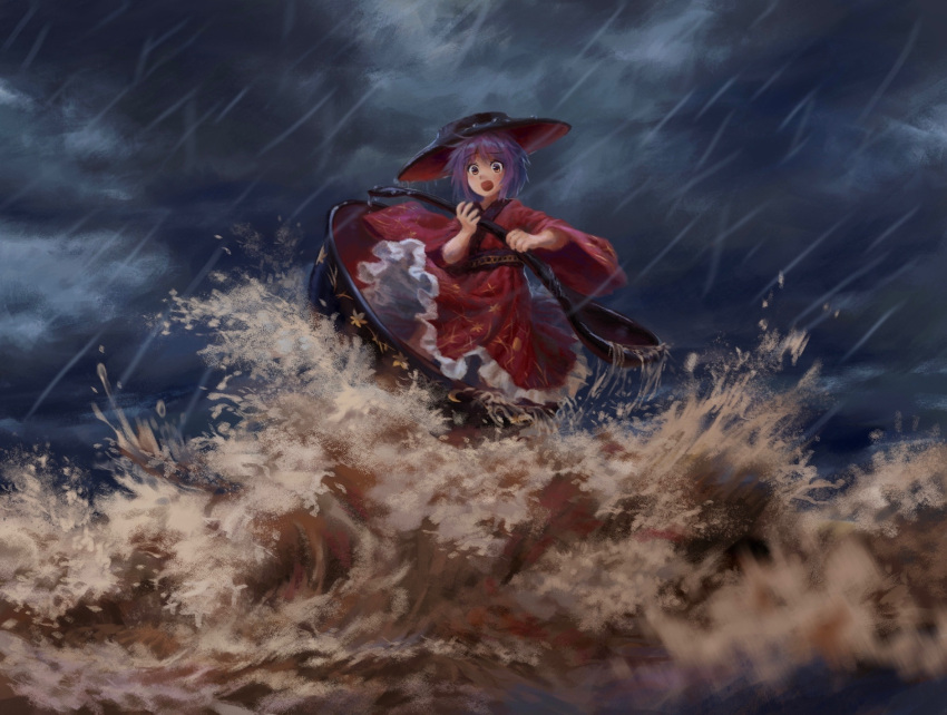 1girl black_headwear bowl bowl_hat cloud cloudy_sky commentary_request full_body hat highres holding holding_spoon japanese_clothes kimono looking_at_viewer ocean open_mouth outdoors purple_hair rain red_kimono sash satellitedragon short_hair sky solo spoon storm sukuna_shinmyoumaru touhou