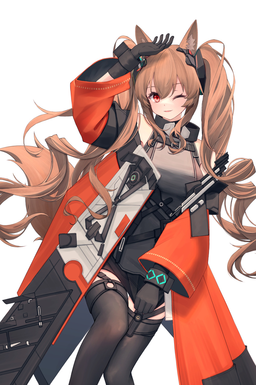 1girl absurdres angelina_(endfield)_(arknights) animal_ears arknights arknights:_endfield arm_up black_gloves black_shorts black_thighhighs coat feet_out_of_frame fox_ears fox_girl fox_tail gloves grey_shirt hair_between_eyes hair_ornament highres long_hair long_sleeves looking_at_viewer lxjun_09 one_eye_closed orange_coat shirt shorts sidelocks simple_background smile solo tail thighhighs twintails very_long_hair white_background