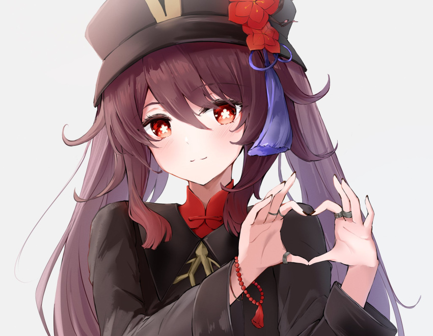 1girl bead_bracelet beads black_coat black_headwear black_nails blush bracelet bright_pupils brown_hair closed_mouth coat fantastic_pasta flower flower-shaped_pupils genshin_impact hair_between_eyes hat hat_flower hat_tassel heart heart_hands highres hu_tao_(genshin_impact) jewelry light_blush long_hair long_sleeves looking_at_viewer multiple_rings orange_eyes portrait ring simple_background solo symbol-shaped_pupils twintails white_background white_pupils