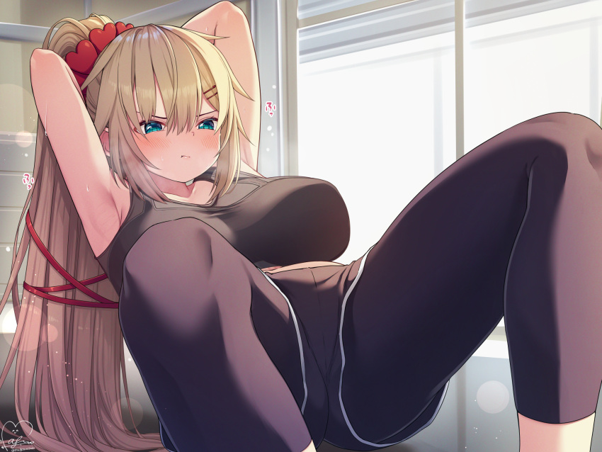 1girl akai_haato aqua_eyes armpits bare_arms black_leggings black_shorts black_sports_bra blonde_hair blush breasts closed_mouth commentary_request exercise hair_between_eyes hair_ornament hair_ribbon heart heart_hair_ornament highres hololive indoors large_breasts leggings leggings_under_shorts long_hair magowasabi ribbon shorts simple_background sit-up solo sports_bra spread_legs virtual_youtuber window