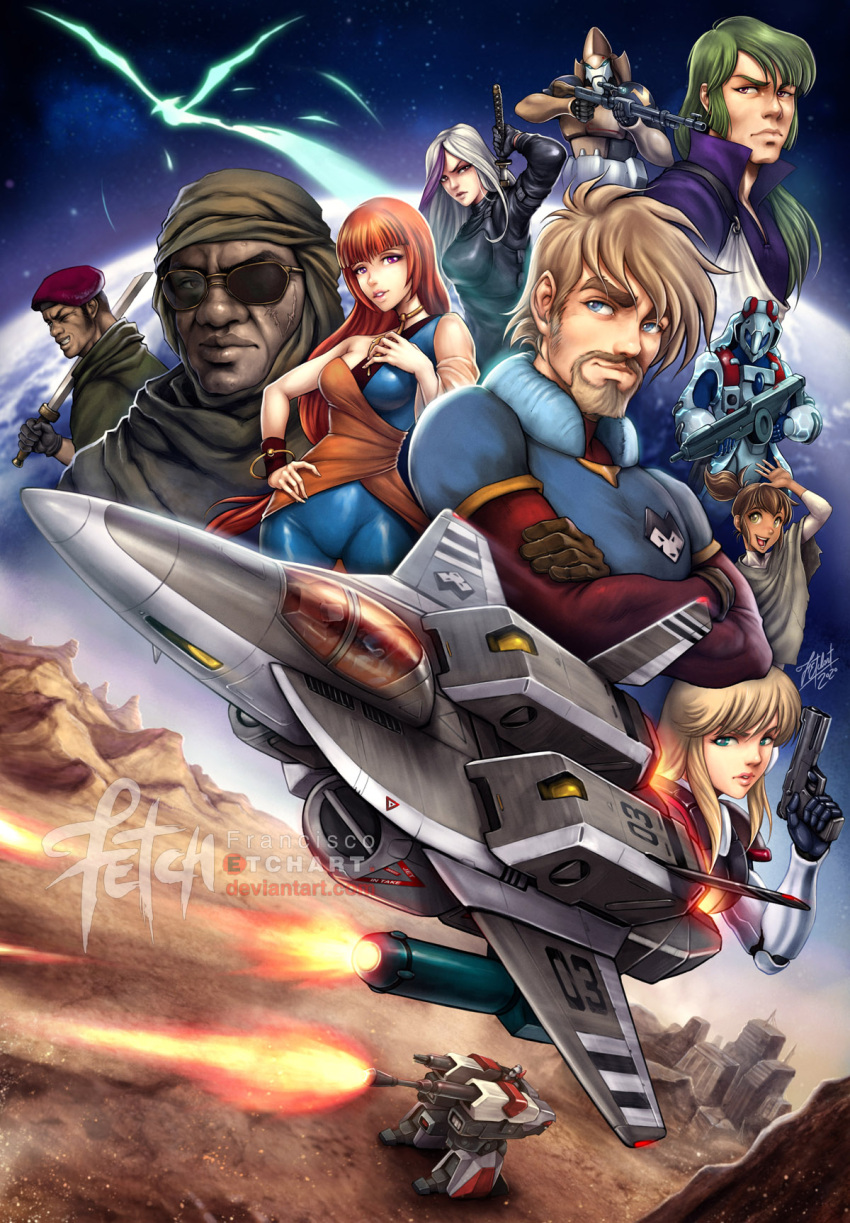 4girls 5boys alien beam_rifle beard bioroid cannon character_request choujikuu_kidan_southern_cross crossover desert dutch_angle energy energy_gun english_commentary facial_hair firing flying franciscoetchart gerwalk gun gunpod handgun highres inbit kikou_souseiki_mospeada legioss mecha military military_uniform mospeada multiple_boys multiple_girls refless robot robotech science_fiction signature spartas uniform veritech vest walker weapon zor