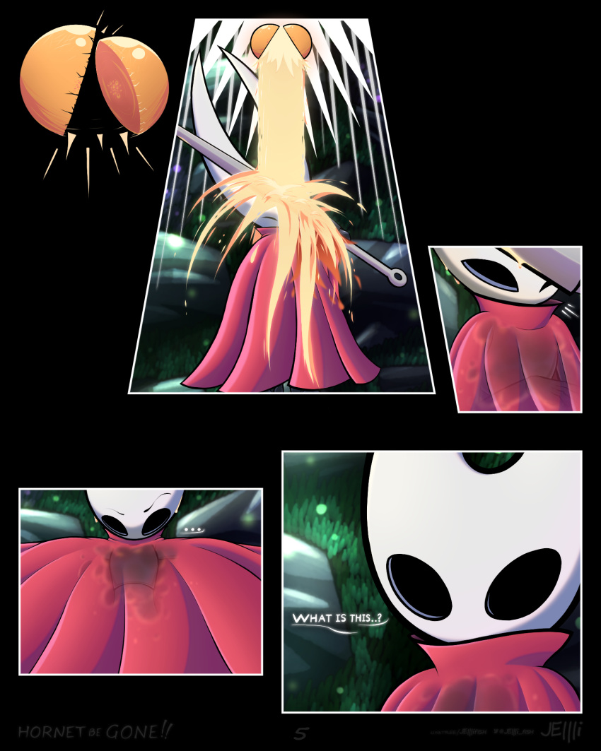 2023 4:5 arthropod black_body clothing comic detailed_background digital_drawing_(artwork) digital_media_(artwork) ellipsis english_text featureless_chest female flat_chested hi_res holding_object holding_weapon hollow_knight hornet_(hollow_knight) humanoid jellli looking_at_viewer orange_liquid orb plant pouring red_cloak red_clothing rock shaded solo splash team_cherry text translucent translucent_clothing weapon wet wet_clothing