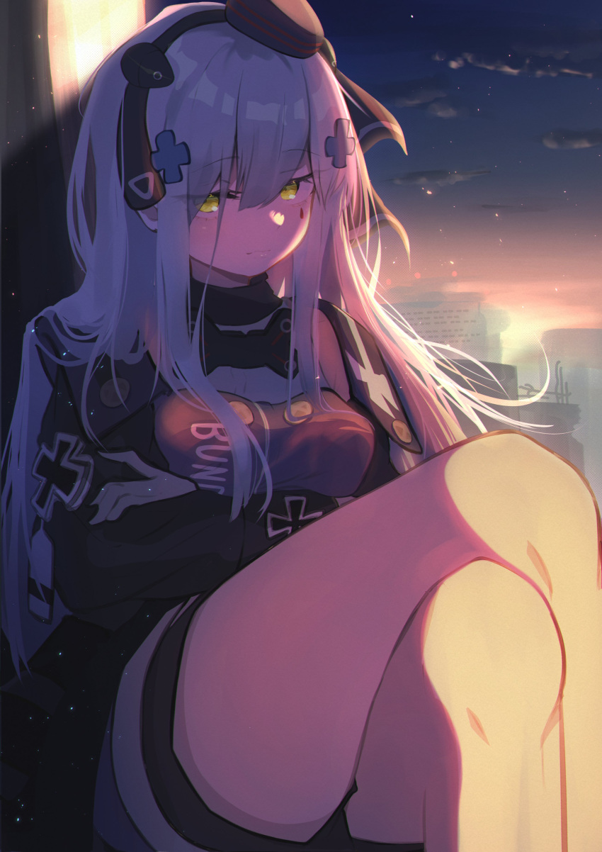 1girl 416_day absurdres black_headwear black_jacket black_shorts breasts building closed_mouth cloud commentary_request cross crossed_arms crossed_legs facial_mark feet_out_of_frame girls'_frontline green_eyes grey_hair hair_between_eyes hair_ornament hat highres hk416_(girls'_frontline) iron_cross jacket long_hair looking_at_viewer medium_breasts mini_hat outdoors ryunosuke_nikaido short_shorts shorts sitting sky solo sunrise very_long_hair