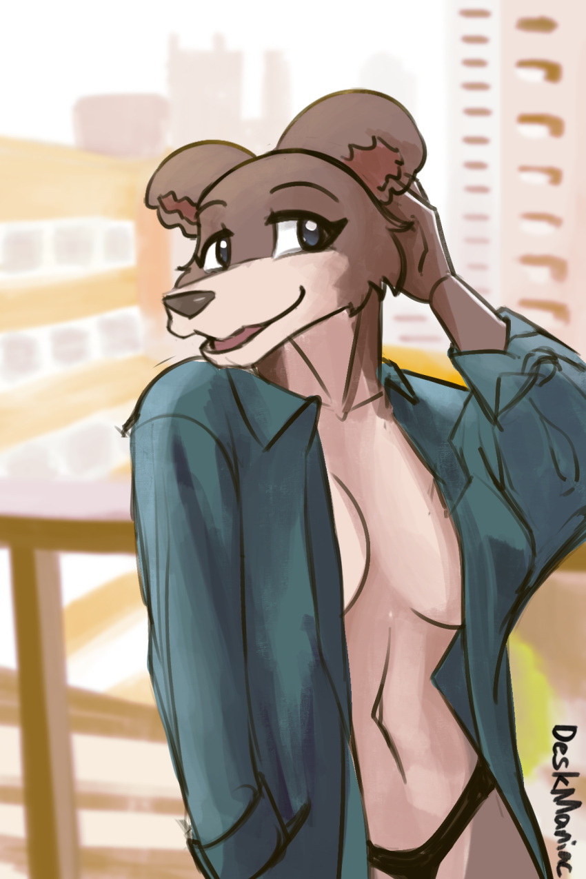 2023 anthro balcony beastars black_nose breasts brown_body brown_fur canid canine canis clothed clothing deskmaniac female fur hi_res juno_(beastars) mammal navel open_clothing open_shirt open_topwear panties shirt signature smile solo tongue topwear underwear wolf