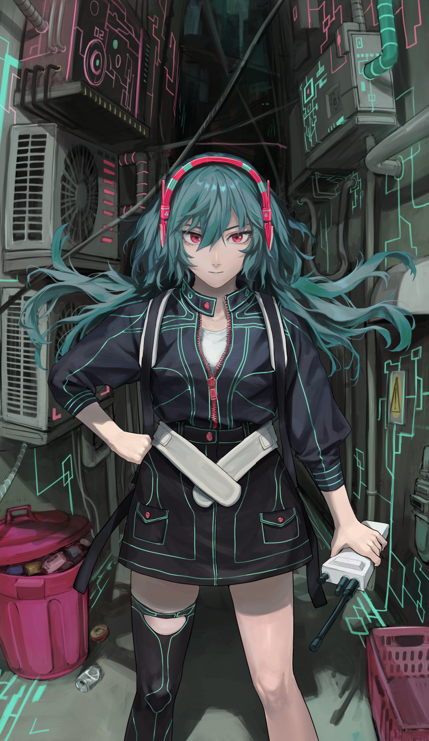 1girl absurdres air_conditioner alley basket belt black_coat black_thighhighs closed_mouth coat commentary_request feet_out_of_frame floating_hair green_hair hair_between_eyes hand_on_own_hip headphones highres holding_radio industrial_pipe legs_apart long_hair looking_at_viewer original partially_unzipped pocket radio red_eyes shadow single_thighhigh sleeves_past_wrists solo standing straight-on thighhighs trash trash_can user_ayna4357 white_belt