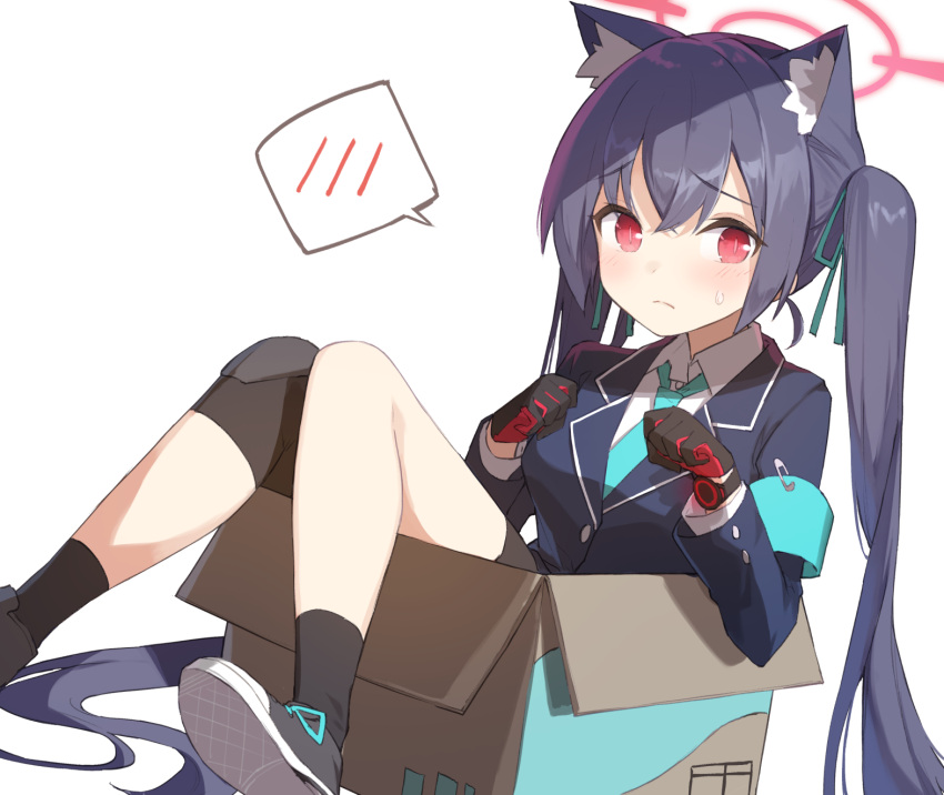 1girl animal_ear_fluff animal_ears aqua_armband aqua_necktie black_footwear black_gloves black_socks blue_archive blue_hair blue_jacket blush box cat_ears cat_girl closed_mouth collared_shirt embarrassed gloves hair_between_eyes halo highres in_box in_container jacket knee_pads knees_together_feet_apart knees_up lapels long_hair long_sleeves looking_at_viewer miya_kazutomo multicolored_clothes multicolored_gloves necktie paw_pose red_eyes red_gloves red_halo serika_(blue_archive) shirt simple_background single_knee_pad slit_pupils socks solo spoken_blush sweat twintails very_long_hair white_background white_shirt