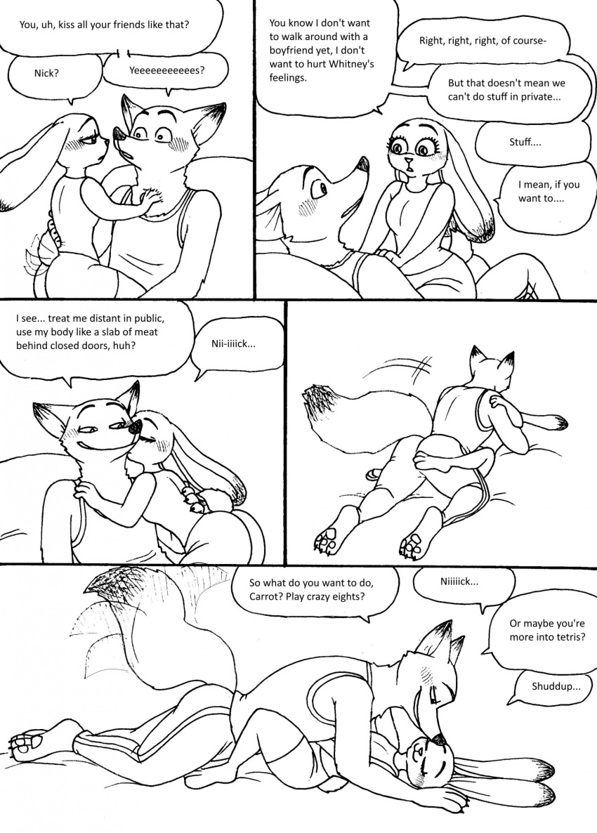 2023 3_toes 4_fingers anthro anthro_on_anthro barefoot bed bernielover bernielover's_college_au blush bottomwear breasts canid canine claws clothed clothing comic dialogue disney duo embrace english_text feet female finger_claws fingers fox fur furniture hi_res hindpaw humanoid_hands judy_hopps kissing kissing_cheek lagomorph leporid lying male male/female mammal monochrome nick_wilde on_back pants pawpads paws rabbit shirt shorts sitting smile speech_bubble tail tail_motion tailwag tank_top text toes topwear zootopia