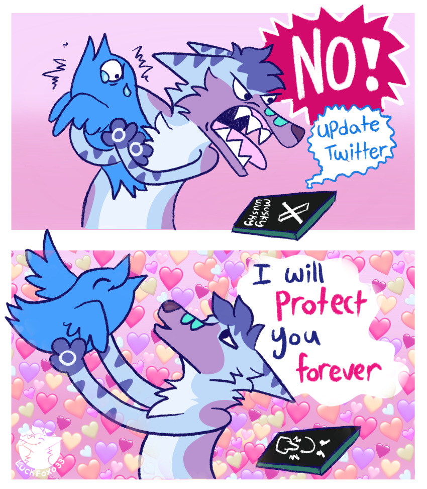 2_panel_comic andromorph_(lore) anthro avian bird blue_body blue_feathers blue_fur blue_hair bodily_fluids canid canine cellphone cheek_tuft chest_tuft dialogue ears_back english_text facial_tuft fangs feathers feral fox fur green_markings hair half-closed_eyes heart_background hi_res luckfoxo33 male mammal markings narrowed_eyes open_mouth open_smile phone pink_background pivoted_ears purple_body purple_fur sharp_teeth simple_background smartphone smile snarling speech_bubble tears teeth text tolng trans_(lore) trans_man_(lore) tuft twitter twitter_bird twitter_logo