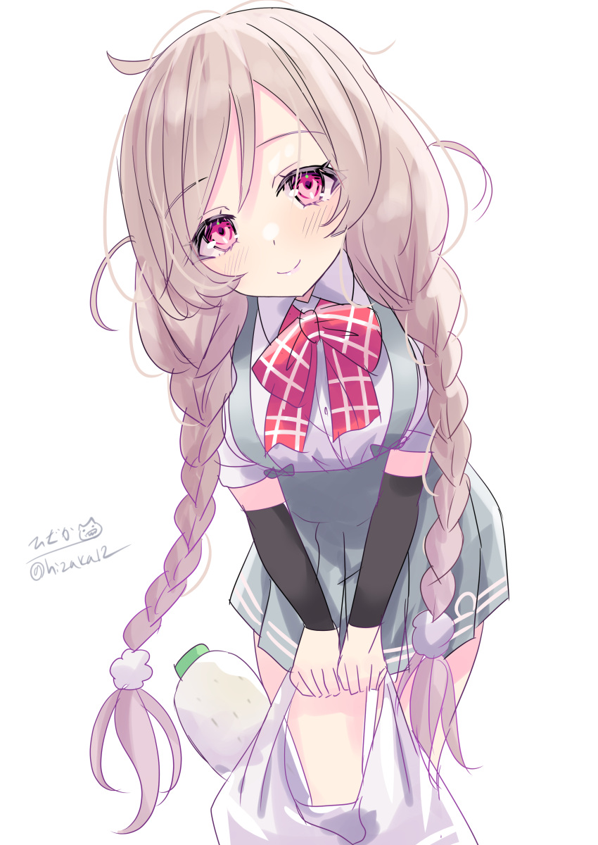 1girl absurdres arm_warmers bag bow bowtie braid cloud_hair_ornament daikon feet_out_of_frame gradient_hair grey_skirt highres hizaka kantai_collection light_brown_hair long_hair minegumo_(kancolle) multicolored_hair one-hour_drawing_challenge plaid plaid_bow plaid_bowtie plastic_bag pleated_skirt radish red_eyes shirt simple_background skirt smile solo twin_braids white_background white_shirt