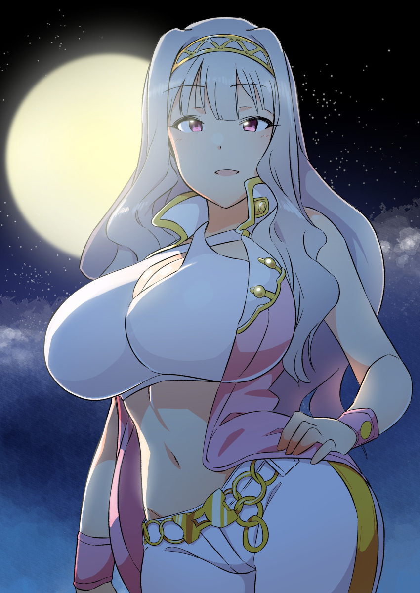 1girl absurdres backlighting bare_shoulders blush breasts chain_belt cleavage cloud cowboy_shot crop_top cropped_shirt dot_nose full_moon gold_belt grey_hair hairband hand_on_own_hip highres idolmaster idolmaster_(classic) idolmaster_million_live! idolmaster_million_live!_theater_days jacket large_breasts long_hair looking_at_viewer midriff momo_no_suidou-sui moon navel night open_clothes open_jacket open_mouth outdoors pants pink_diamond_765_(idolmaster) pink_jacket pink_wristband purple_eyes shijou_takane shirt sky sleeveless sleeveless_jacket smile solo standing star_(sky) starry_sky white_pants white_shirt yellow_hairband