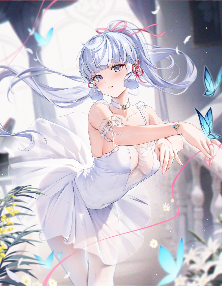 1girl absurdres alternate_costume arm_garter bare_shoulders bead_bracelet beads blue_butterfly blue_eyes blunt_tresses blurry bracelet breasts bug butterfly choker covered_navel dancing depth_of_field dress floating_hair flower genshin_impact hair_ribbon hands_up highres houkisei jewelry kamisato_ayaka leaf leaning_forward light_smile looking_at_viewer medium_breasts mole mole_under_eye pantyhose parted_lips picture_frame pink_ribbon ponytail ribbon see-through see-through_cleavage sleeveless sleeveless_dress solo spaghetti_strap string string_around_finger string_of_fate tress_ribbon tutu white_choker white_dress white_flower white_hair white_pantyhose yellow_flower