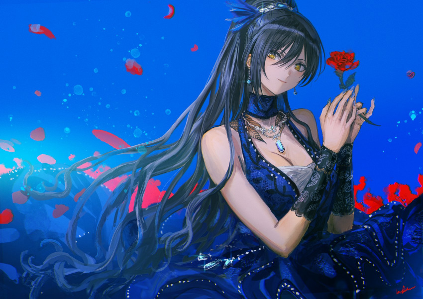 1girl bare_shoulders black_hair blue_background blue_choker blue_dress breasts choker cleavage closed_mouth dress earrings falling_petals flower hair_between_eyes hair_ornament high_ponytail highres holding holding_flower idol idolmaster idolmaster_shiny_colors infukun jewelry large_breasts long_hair necklace petals ponytail rose shirase_sakuya solo wrist_cuffs yellow_eyes