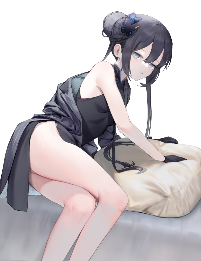 1girl absurdres ass bare_legs bbul_horn black_dress black_gloves black_hair blue_archive blue_eyes breasts butterfly_hair_ornament china_dress chinese_clothes closed_mouth cushion dress expressionless gloves hair_bun hair_ornament highres kisaki_(blue_archive) long_hair looking_at_viewer off_shoulder panties panty_peek short_dress side_slit small_breasts solo thighs trench_coat underwear