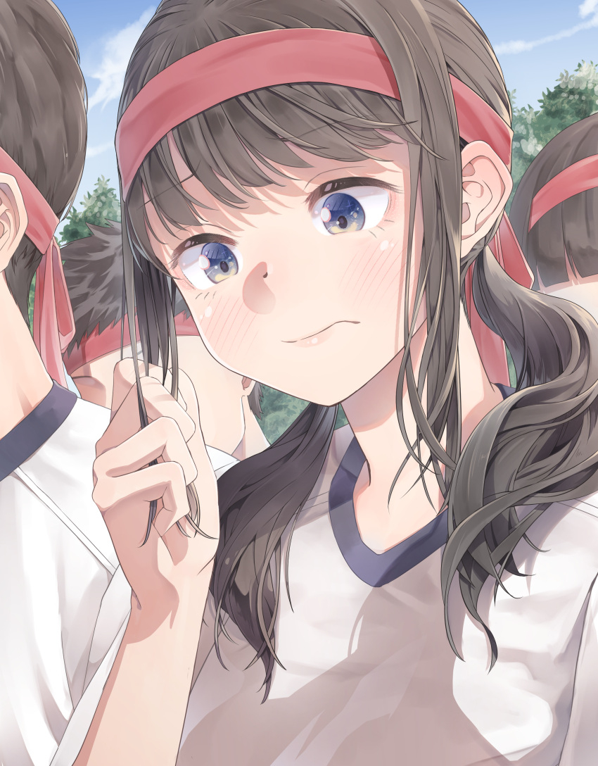12_graka 2boys 2girls absurdres black_hair blue_eyes blunt_bangs blush brown_hair closed_mouth commentary_request gym_shirt gym_uniform headband highres long_hair low_twintails multiple_boys multiple_girls original red_headband shirt solo_focus sports_festival twintails upper_body white_shirt