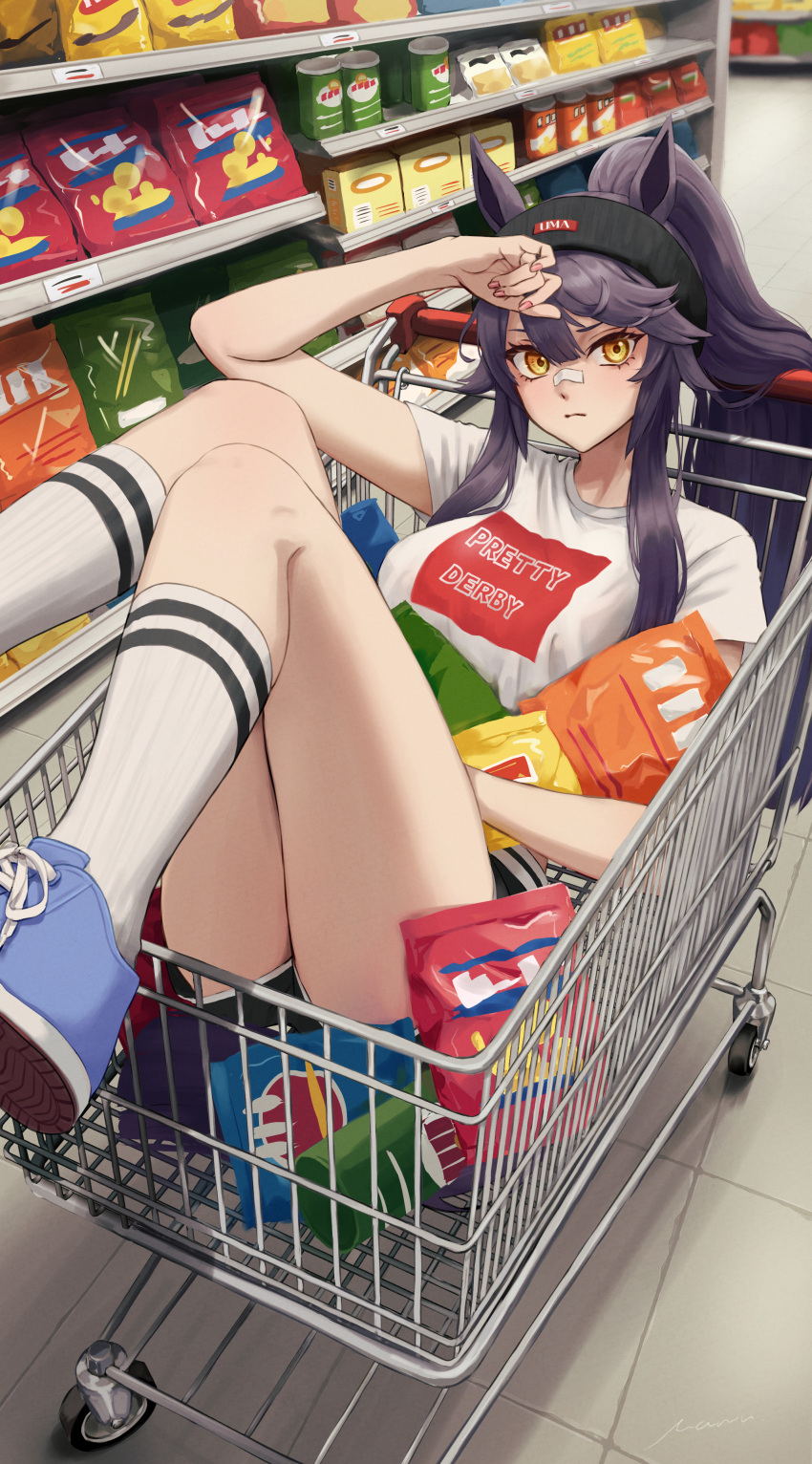 1girl absurdres alternate_costume animal_ears black_hair black_headband black_shorts blue_footwear closed_mouth hair_between_eyes headband highres horse_ears horse_girl horse_tail in_shopping_cart long_hair looking_at_viewer manunnu narita_brian_(umamusume) ponytail shoes shopping_cart short_sleeves shorts snack sneakers socks solo tail umamusume white_socks yellow_eyes