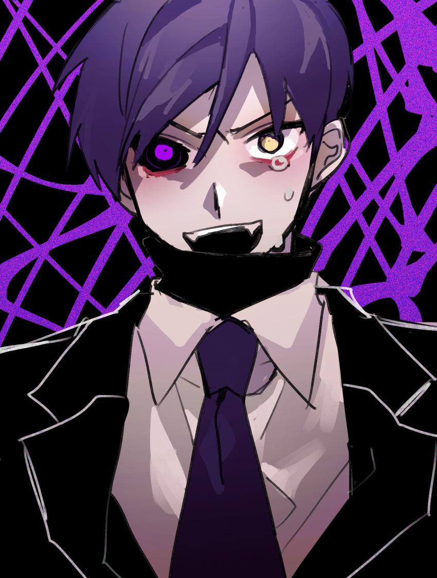 black_jacket black_sweater collared_shirt commentary crying crying_with_eyes_open english_commentary fangs highres jacket lobotomy_corporation looking_at_viewer male_focus necktie open_mouth project_moon purple_hair purple_necktie shirt short_hair smile solo_a sweater tears turtleneck turtleneck_sweater v-shaped_eyebrows white_shirt yellow_eyes yesod_(project_moon)