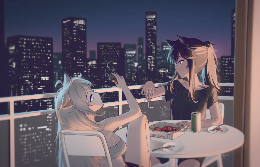 2girls animal_ears arknights bandeau bare_arms bare_shoulders black_hair black_shirt can cigarette city commentary_request grey_hair highres holding kfc lappland_(arknights) mouth_hold multiple_girls night outdoors railing shirt siguya sky strapless table texas_(arknights) tube_top wolf_ears