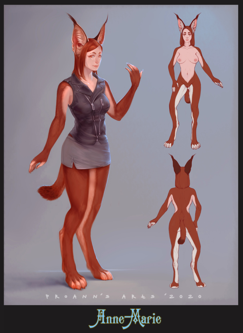 absurd_res animal_humanoid anne-marie_(savisitor) anthro big_ears bottomwear breasts caracal caracal_(genus) clothed clothing coat costume digital_media_(artwork) ear_tuft eyebrows felid felid_humanoid felidae feline female fully_clothed fur genitals grey_bottomwear grey_clothing grey_coat grey_outfit grey_skirt grey_topwear hair hi_res human humanoid long_hair looking_at_viewer lynxcatgirl mammal mammal_humanoid nipples nude paws proann red_body red_fur red_hair simple_background skirt smile solo tail topwear tuft vest white_body white_fur yellow_eyes zipper