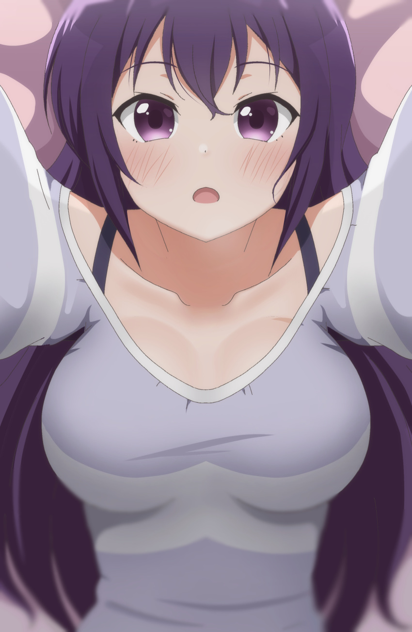1girl :o absurdres bed_sheet blurry blush breasts breasts_apart casual cleavage collarbone commentary depth_of_field gochuumon_wa_usagi_desu_ka? grey_shirt hair_between_eyes hair_spread_out highres incoming_hug large_breasts long_hair looking_at_viewer lying on_back open_mouth poa_mellhen pov purple_eyes purple_hair shirt sidelocks straight-on striped striped_shirt tedeza_rize very_long_hair