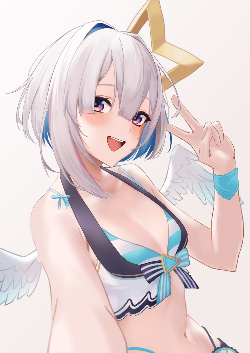 1girl absurdres amane_kanata angel angel_wings bare_shoulders bikini blue_hair blush breasts cleavage colored_inner_hair feathered_wings front-tie_bikini_top front-tie_top grey_hair hair_ornament halo highleg highleg_bikini highres hololive hololive_summer_2023_swimsuit layered_bikini looking_at_viewer multicolored_hair navel official_alternate_costume open_mouth purple_eyes short_hair single_hair_intake small_breasts smallpine_7 smile solo star_halo streaked_hair striped striped_bikini swimsuit teeth two-tone_bikini upper_body upper_teeth_only virtual_youtuber white_bikini wings