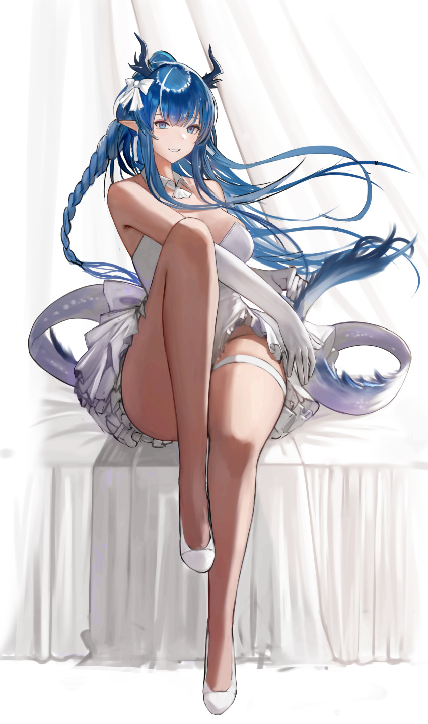 1girl absurdres arknights blue_eyes blue_hair breasts dress ganet_p groin highres large_breasts ling_(arknights) looking_at_viewer pointy_ears sitting solo strapless strapless_dress white_dress