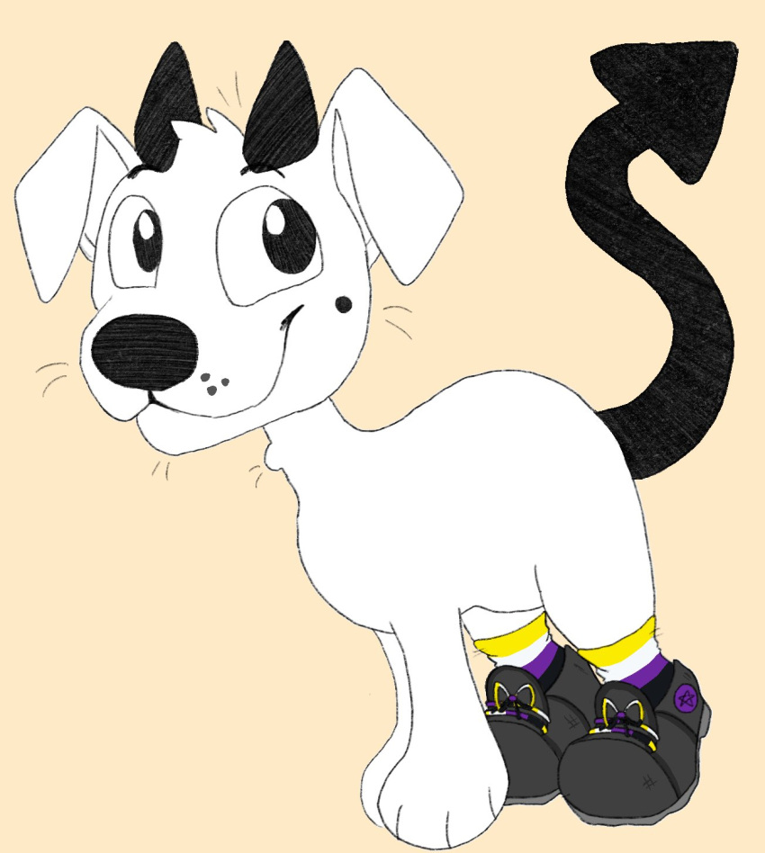 2023 black_horn black_nose black_tail bluekyokitty canid canine canis chibi clothed clothed_feral clothing demon digital_drawing_(artwork) digital_media_(artwork) domestic_dog eyebrows feral flat_colors floppy_ears footwear fur hi_res horn lgbt_pride male mammal nonbinary_(lore) nonbinary_pride_colors pride_color_clothing pride_color_footwear pride_color_socks pride_colors sebastian_(sebdoggo) sebdoggo shoelaces shoes simple_background smile socks solo spade_tail standing tail trans_(lore) trans_man_(lore) whiskers white_body white_fur yellow_background