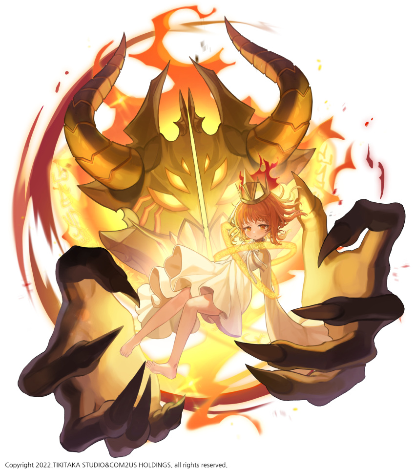 1girl 2022 arcana_tactics bare_legs claws commentary copyright crown dark_lord_(arcana_tactics) dress female_child fire full_body highres horns lerome looking_at_viewer neck_ribbon no_shoes official_art orange_eyes orange_hair parted_lips ribbon short_hair simple_background sleeves_past_fingers sleeves_past_wrists solo white_background white_dress white_ribbon wide_sleeves