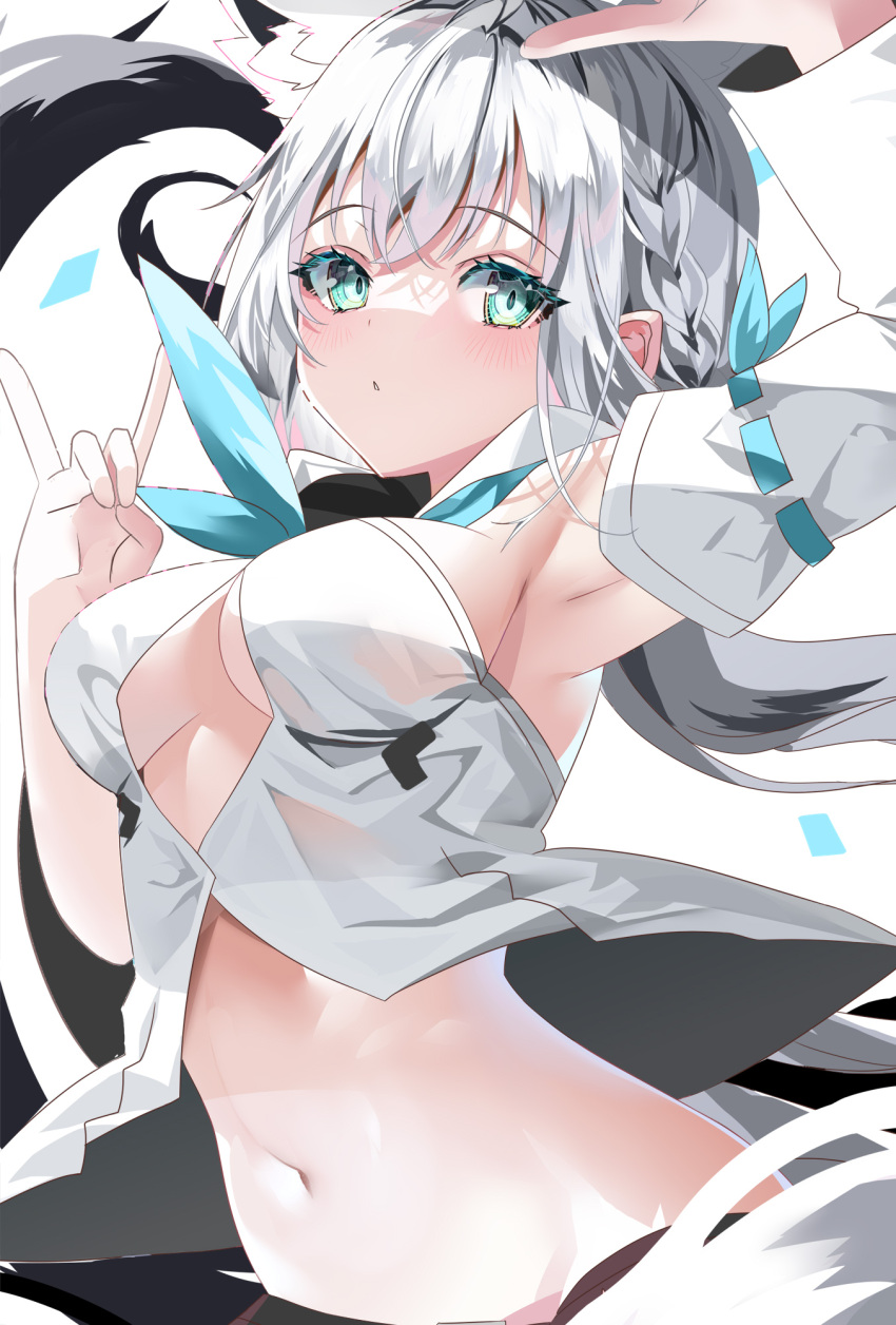 1girl animal_ear_fluff animal_ears aqua_eyes armpits blue_neckerchief braid detached_sleeves fox_ears fox_girl fox_shadow_puppet fox_tail highres hololive long_hair looking_at_viewer midriff navel neckerchief shirakami_fubuki sho_(runatic_moon) side_braid single_braid solo tail virtual_youtuber white_hair