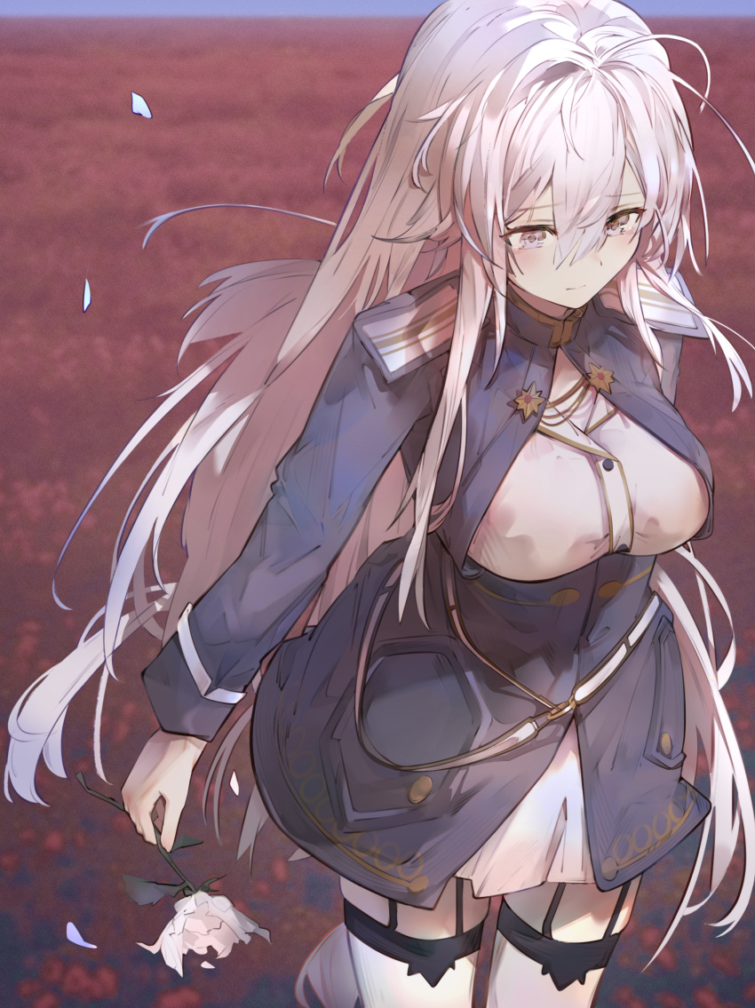 1girl 86_-eightysix- belt breasts closed_mouth field flower flower_field from_above grey_eyes highres holding holding_flower long_hair looking_ahead medium_breasts military_uniform noriya outdoors petals red_flower rose solo thighhighs uniform very_long_hair vladilena_millize white_belt white_flower white_hair white_rose white_thighhighs withered zettai_ryouiki