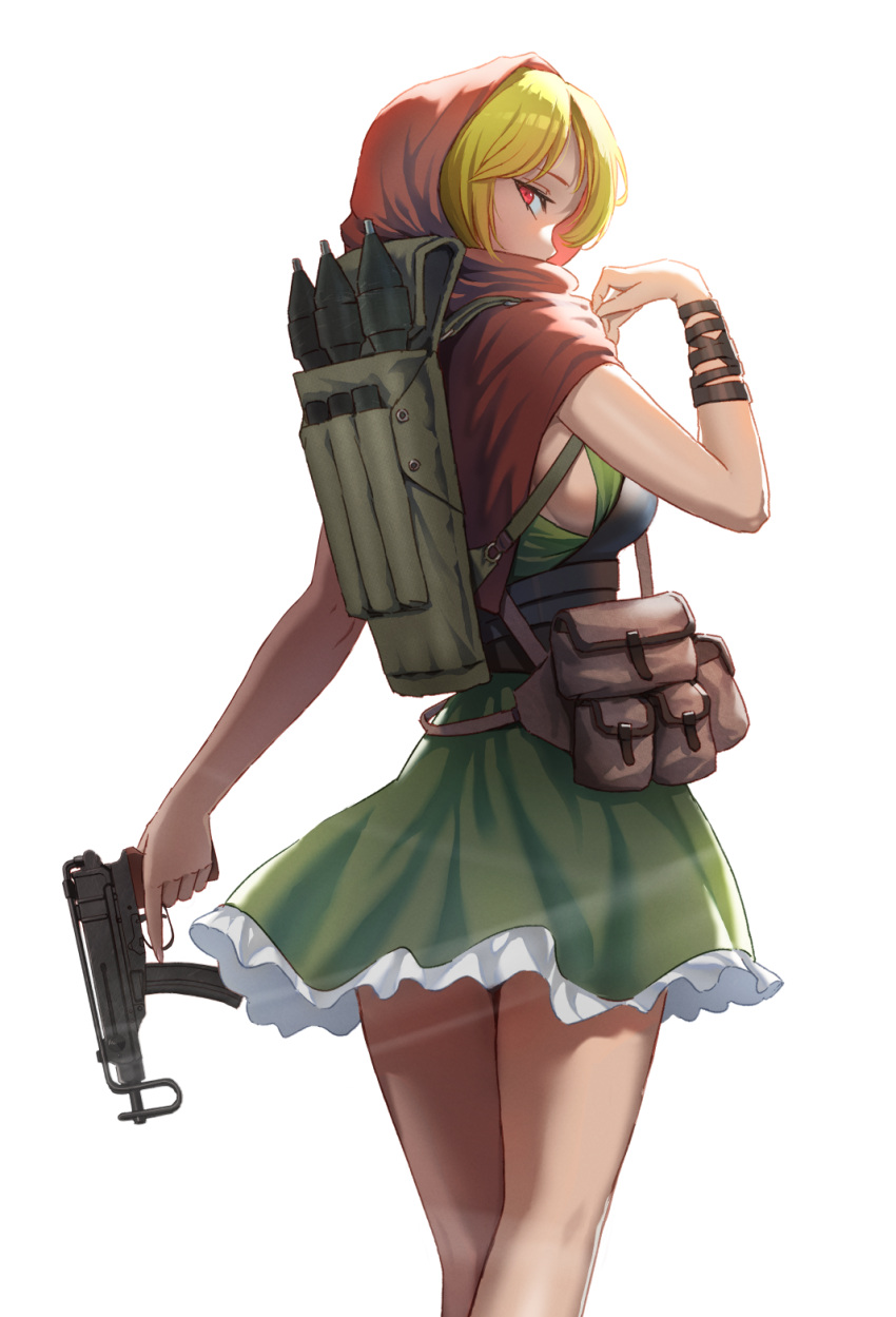 1girl arm_wrap backpack bag blonde_hair breasts capelet commentary cowboy_shot dress frilled_dress frills from_behind green_dress gun highres holding holding_gun holding_weapon hood hood_up hooded_capelet imi_uzi looking_at_viewer looking_back medium_breasts original pencil_pusher pouch red_capelet red_eyes rocket_launcher rpg short_dress simple_background solo standing submachine_gun trigger_discipline weapon white_background