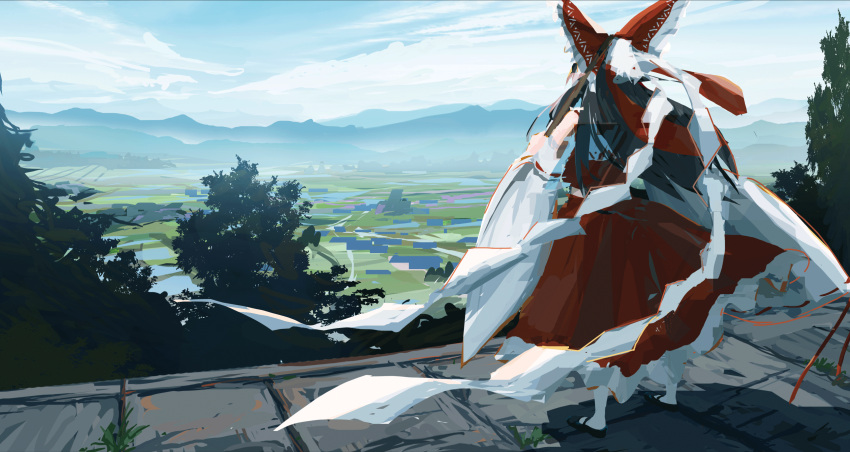 1girl absurdres black_footwear black_hair blue_sky bow cloud cloudy_sky day detached_sleeves facing_away frilled_bow frilled_skirt frills from_behind full_body gohei hair_bow hakurei_reimu haruaki_(onkai_planaria) highres holding holding_gohei landscape long_hair looking_afar looking_ahead mary_janes mountainous_horizon outdoors red_bow red_skirt red_vest ribbon-trimmed_sleeves ribbon_trim scenery shide shoes skirt sky socks solo standing stone_floor touhou tree vest village white_sleeves white_socks wide_sleeves