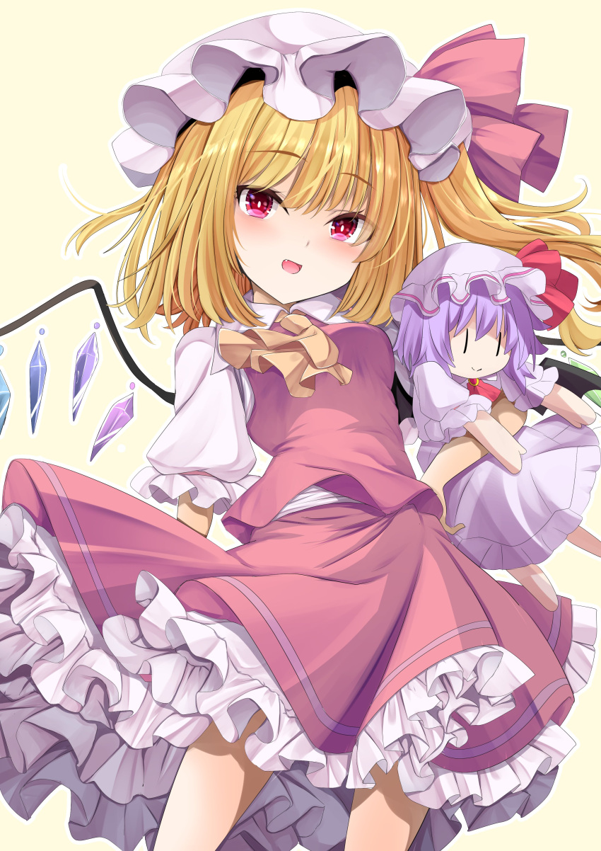 1girl :d absurdres ascot blonde_hair blush breasts character_doll contrapposto crystal doll fang feet_out_of_frame flandre_scarlet hat highres holding holding_doll kitora_(kisekinonameko) looking_at_viewer medium_hair mob_cap open_mouth petite petticoat puffy_short_sleeves puffy_sleeves purple_hair red_eyes red_skirt red_vest remilia_scarlet short_sleeves simple_background skirt skirt_set small_breasts smile solo standing touhou vest white_background wings yellow_ascot |_|