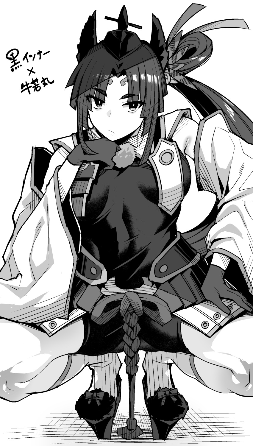 1girl absurdres armor asymmetrical_sleeves black_leotard breast_curtains breasts detached_sleeves fate/grand_order fate_(series) feather_hair_ornament feathers gloves greyscale hair_bun hair_ornament hat highres japanese_armor leotard long_hair looking_at_viewer medium_breasts mismatched_sleeves monochrome parted_bangs s_ryouchi side_ponytail sidelocks single_side_bun solo squatting translation_request ushiwakamaru_(fate) ushiwakamaru_(tour_outfit)_(fate) very_long_hair wide_sleeves