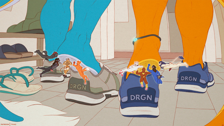 anthro balls barely_visible_genitalia blue_body blue_glow canid canine canis clothing dragon draxi erection feet felid foot_fetish foot_lick foot_play footwear fox genitals group hi_res lagomorph leporid levitation licking lion macro male mammal micro micro_abuse orange_body pantherine rabbit sandals shoes sneakers soles thaz_(artist) thaz_(character) tiger tongue tongue_out wolf