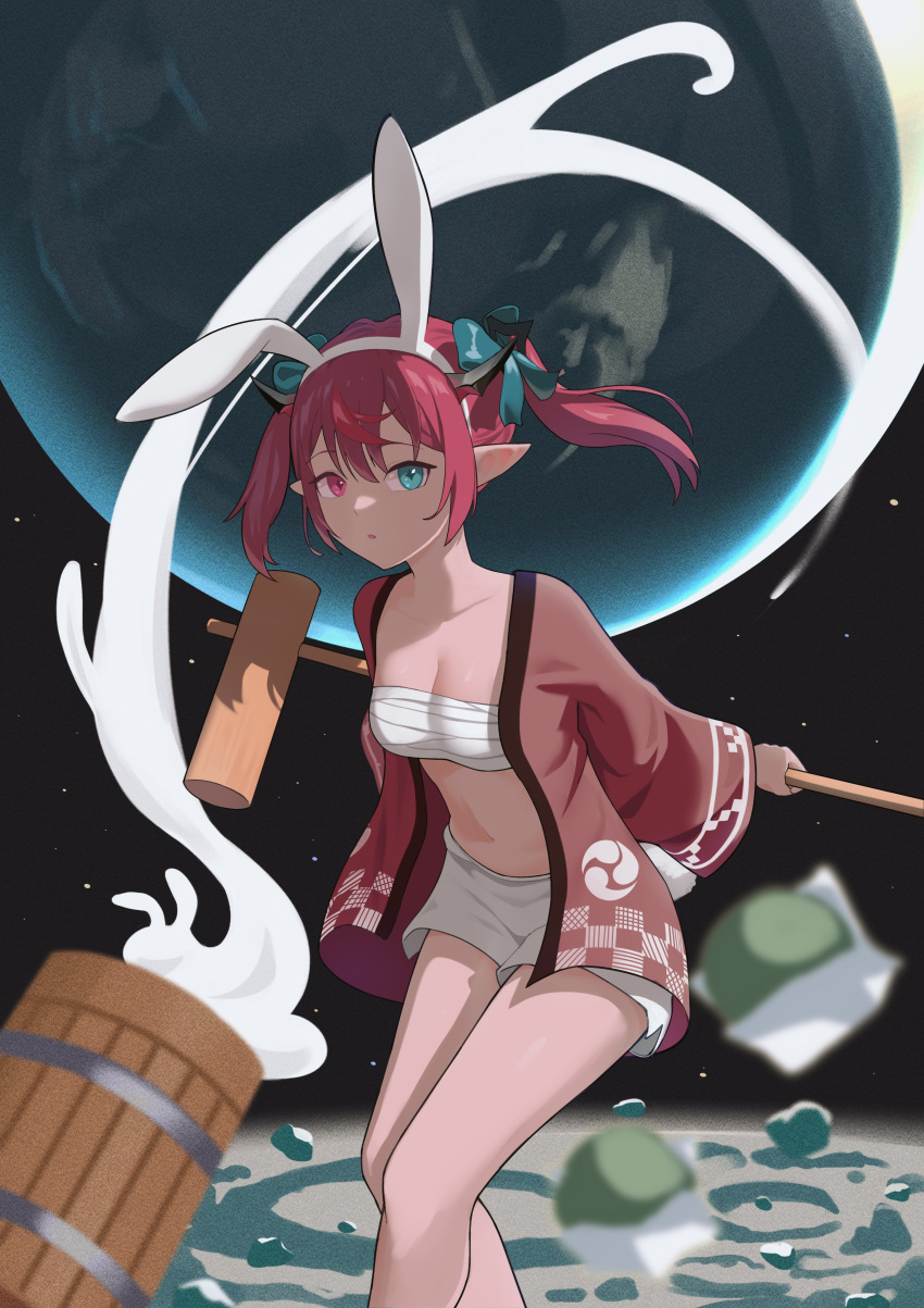 1girl absurdres alternate_costume black_horns blue_eyes bow breasts bucket cleavage demon_girl demon_horns earth_(planet) hachimaki hair_bow headband highres holding hololive hololive_english horns irys_(hololive) japanese_clothes milk moon planet pointy_ears red_eyes sarashi shift_(shiftillust) shorts small_breasts space thighs twintails universe white_shorts wooden_bucket