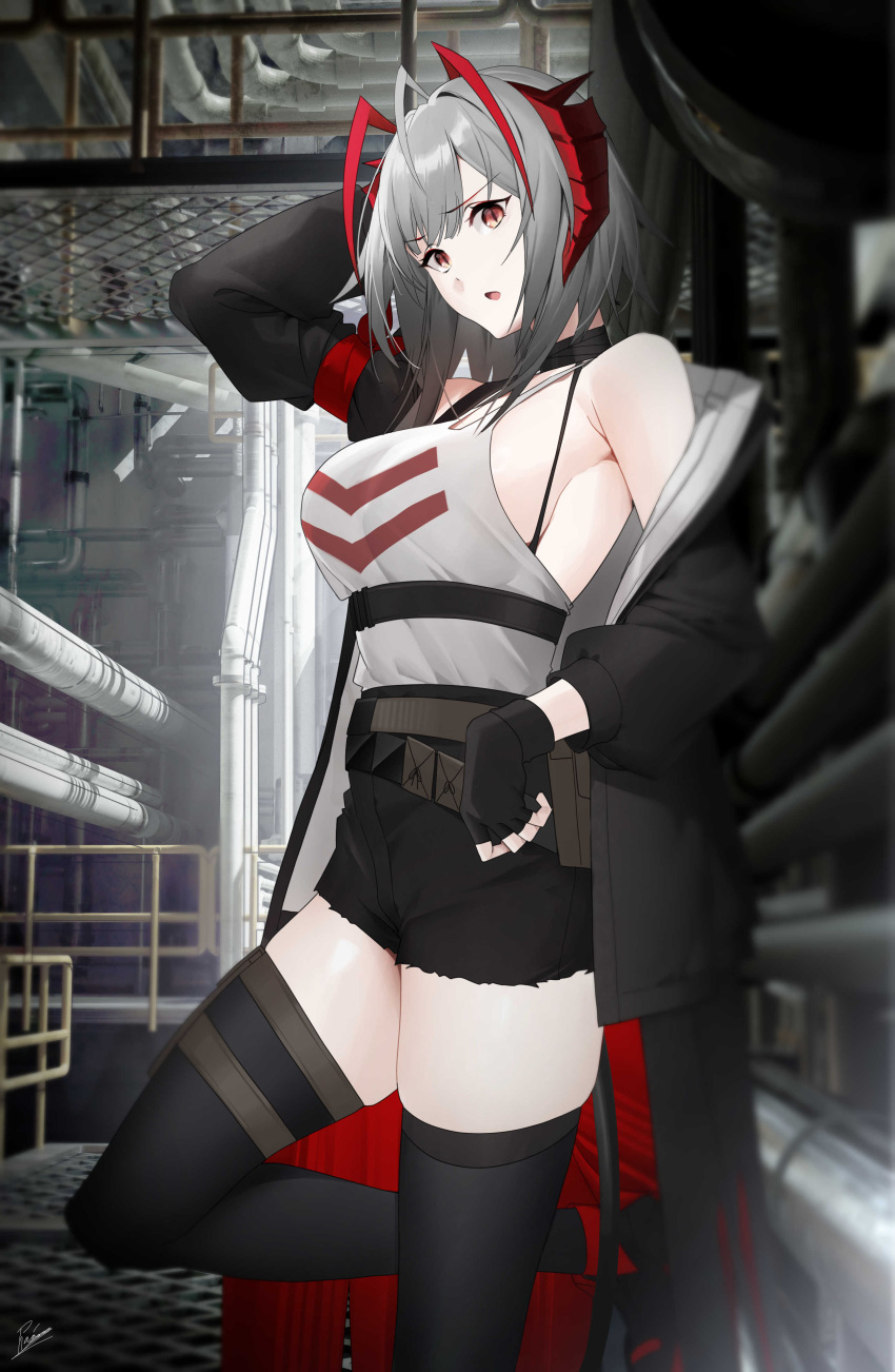 1girl absurdres arknights arm_behind_head arm_up armpit_crease black_choker black_footwear black_gloves black_jacket black_shorts black_thighhighs breasts brown_eyes choker demon_girl demon_horns fingerless_gloves gloves grey_hair highres horns jacket long_sleeves looking_at_viewer medium_breasts off_shoulder open_clothes open_jacket parted_lips puffy_long_sleeves puffy_sleeves railing raitho red_eyes red_hair shoes short_hair short_shorts shorts signature solo standing standing_on_one_leg thighhighs w_(arknights)