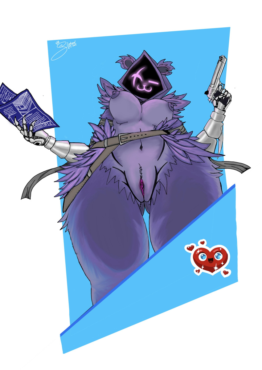 absurd_res anthro areola bear belt breasts clothing ear_tuft epic_games feathers female fortnite fur fur_markings genitals gun headgear headwear hi_res holding_gun holding_object holding_weapon hood_up humanoid looking_at_viewer mammal markings nipples nude one_eye_closed playful purple_body purple_fur pussy ranged_weapon raven_team_leader slighoull solo thick_thighs tuft weapon wide_hips wink winking_at_viewer